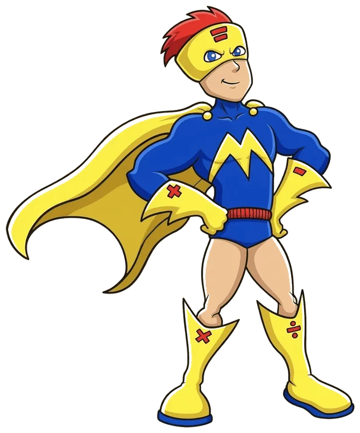 MySchoolHero mascot — a math superhero with a lightning M emblem, cape, and math-symbol boots
