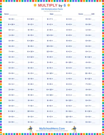 Sample page: Multiplication 100-Fact Drills