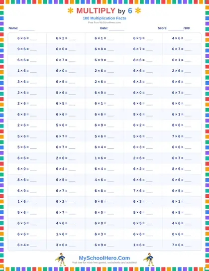 Sample page: Multiplication 100-Fact Drills