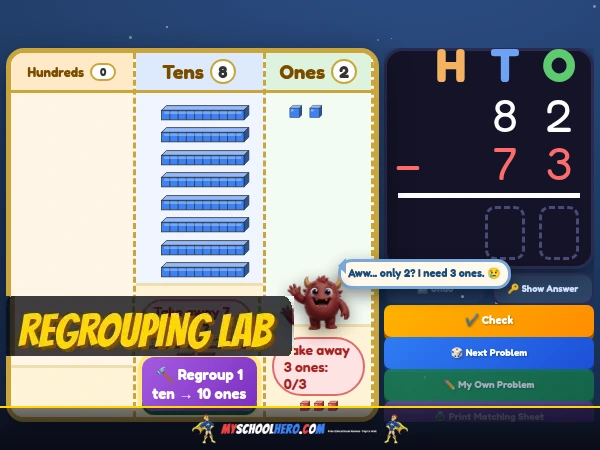 Regrouping Lab virtual base-ten blocks tool screenshot