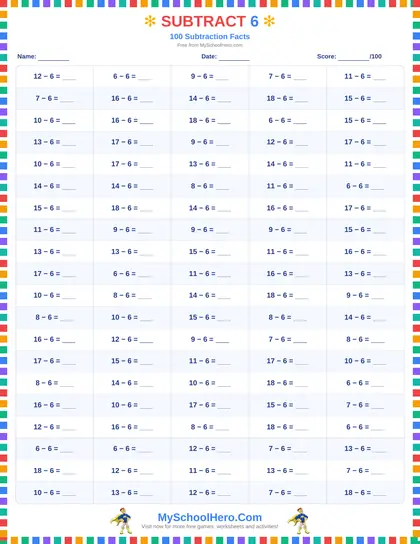 Sample page: Subtraction 100-Fact Drills