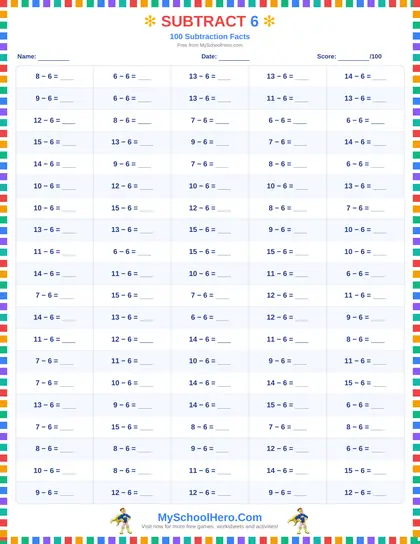 Sample page: Subtraction 100-Fact Drills